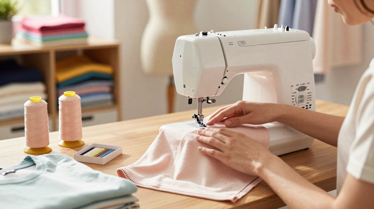 Pessoa a coser tecido rosa numa máquina de costura branca numa mesa de madeira com caixas de agulhas e bobinas.