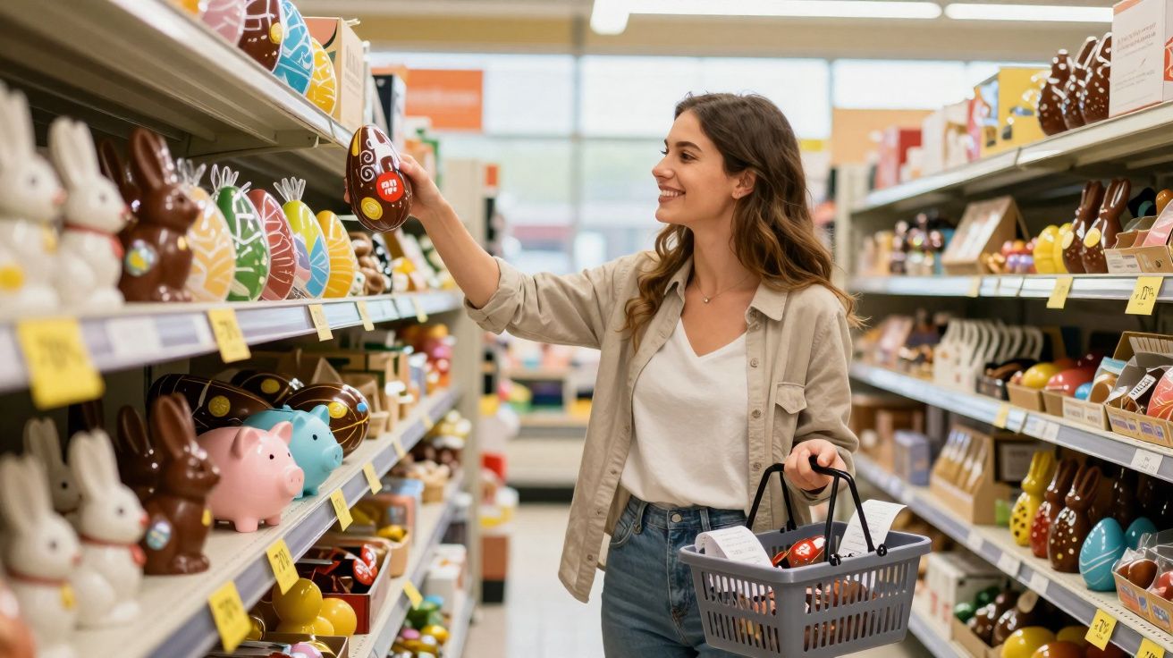 Mulher sorridente a escolher ovo de Páscoa numa prateleira de supermercado, com cesto de compras na mão.
