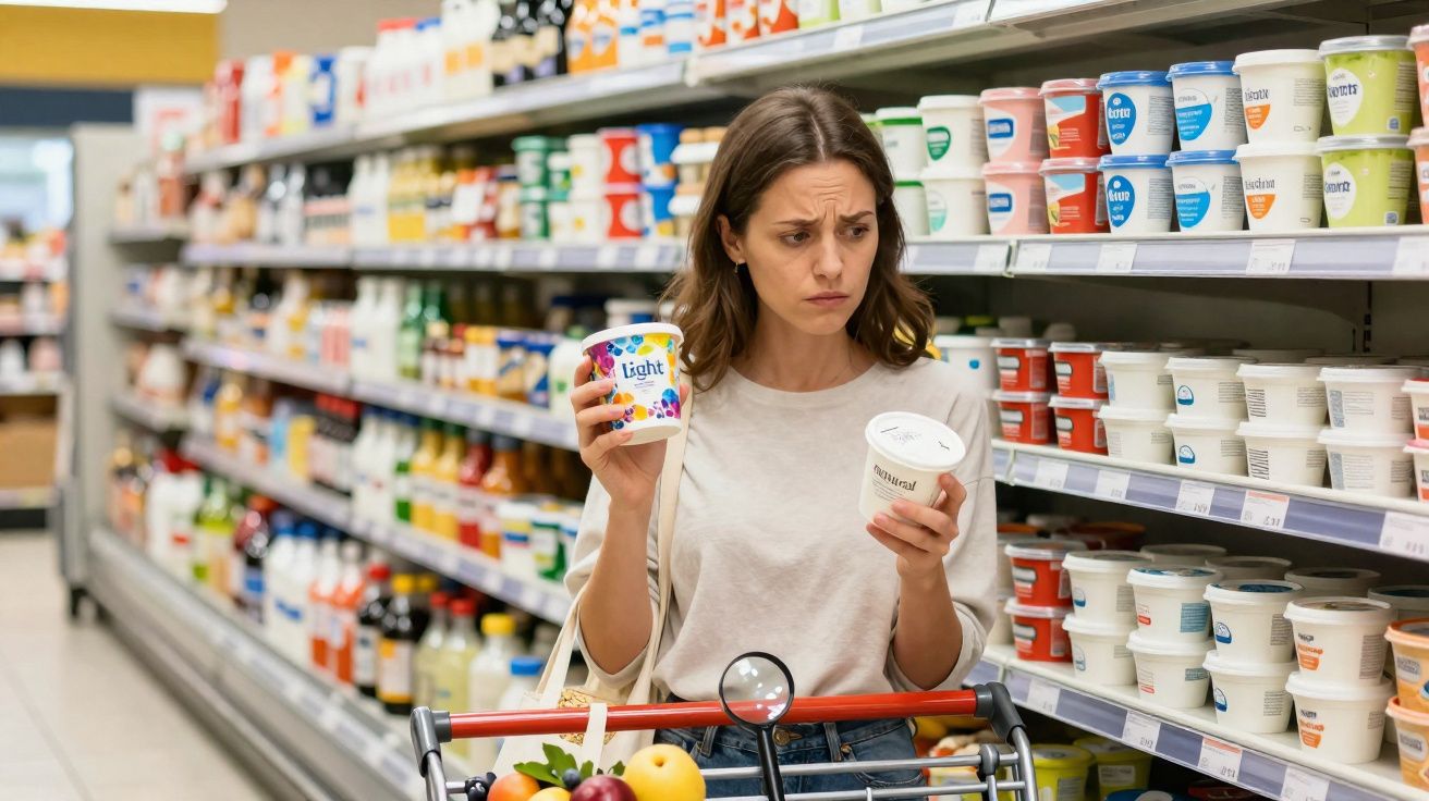 Mulher no supermercado comparando dois iogurtes com expressão de dúvida junto a prateleira cheia de produtos.