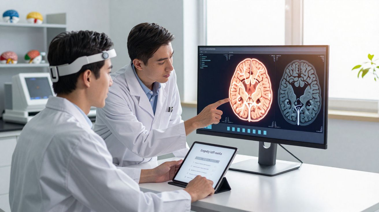 Dois médicos em bata analisam exames cerebrais em ecrã e tablet num consultório moderno.