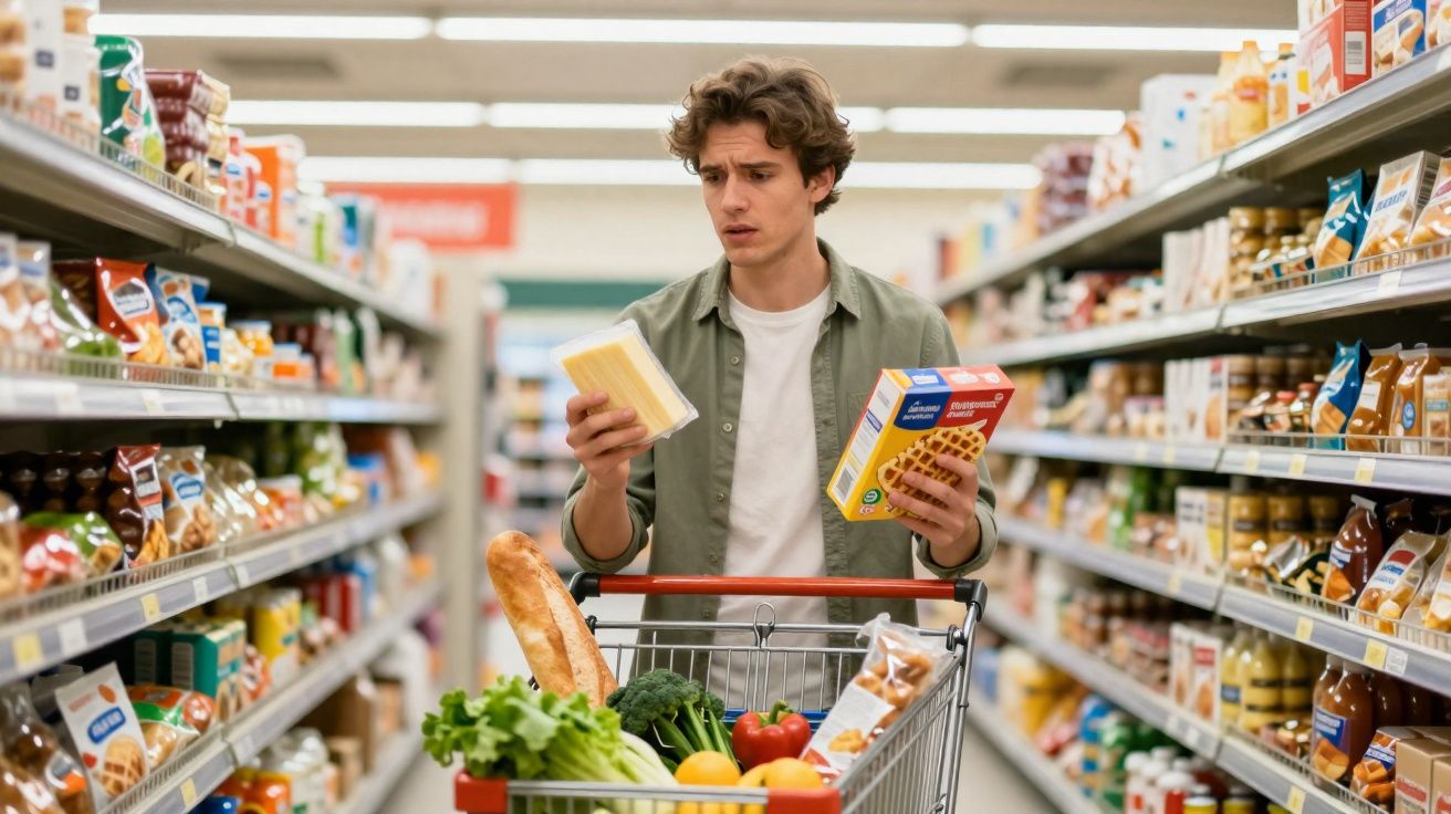 Jovem no supermercado a comparar produtos embalados enquanto empurra carrinho com legumes e pão.