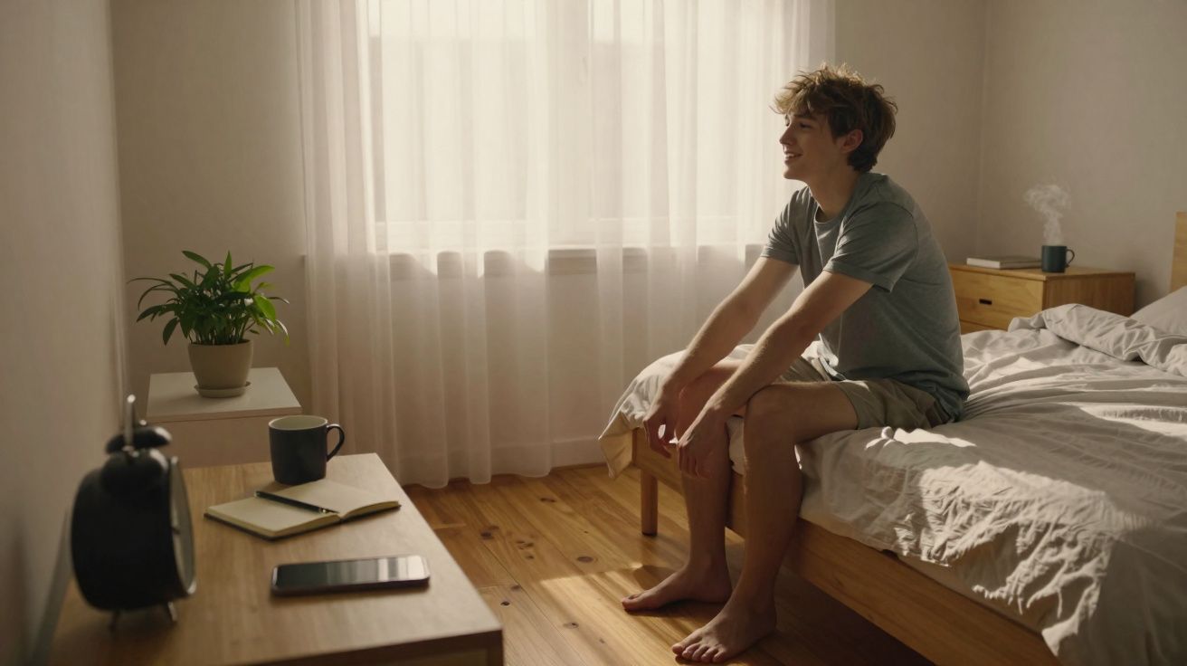 Jovem sentado na cama em quarto iluminado por luz natural, com objetos pessoais e plantas.