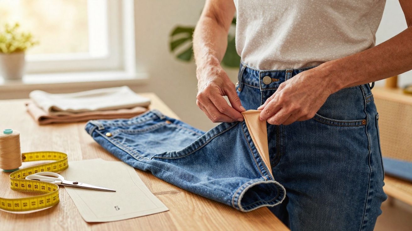 Pessoa a trabalhar na personalização de calças de ganga com ferramentas de costura numa mesa de madeira.