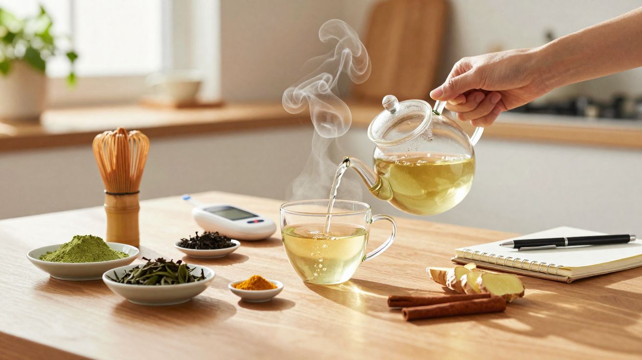 Mão a servir chá quente numa chávena, com ingredientes naturais e medidor de glicose numa mesa de cozinha.