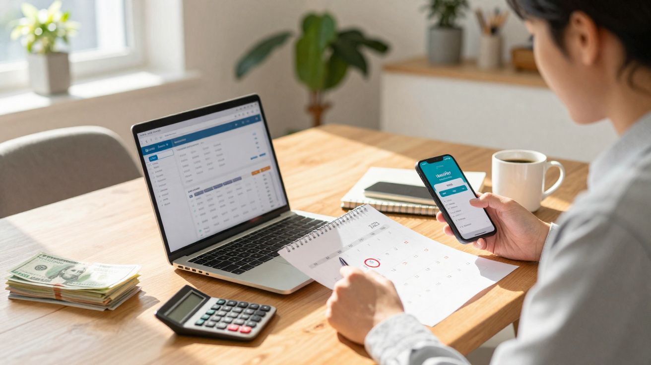 Pessoa a gerir finanças com calendário, smartphone, laptop, calculadora e dinheiro numa mesa de madeira.
