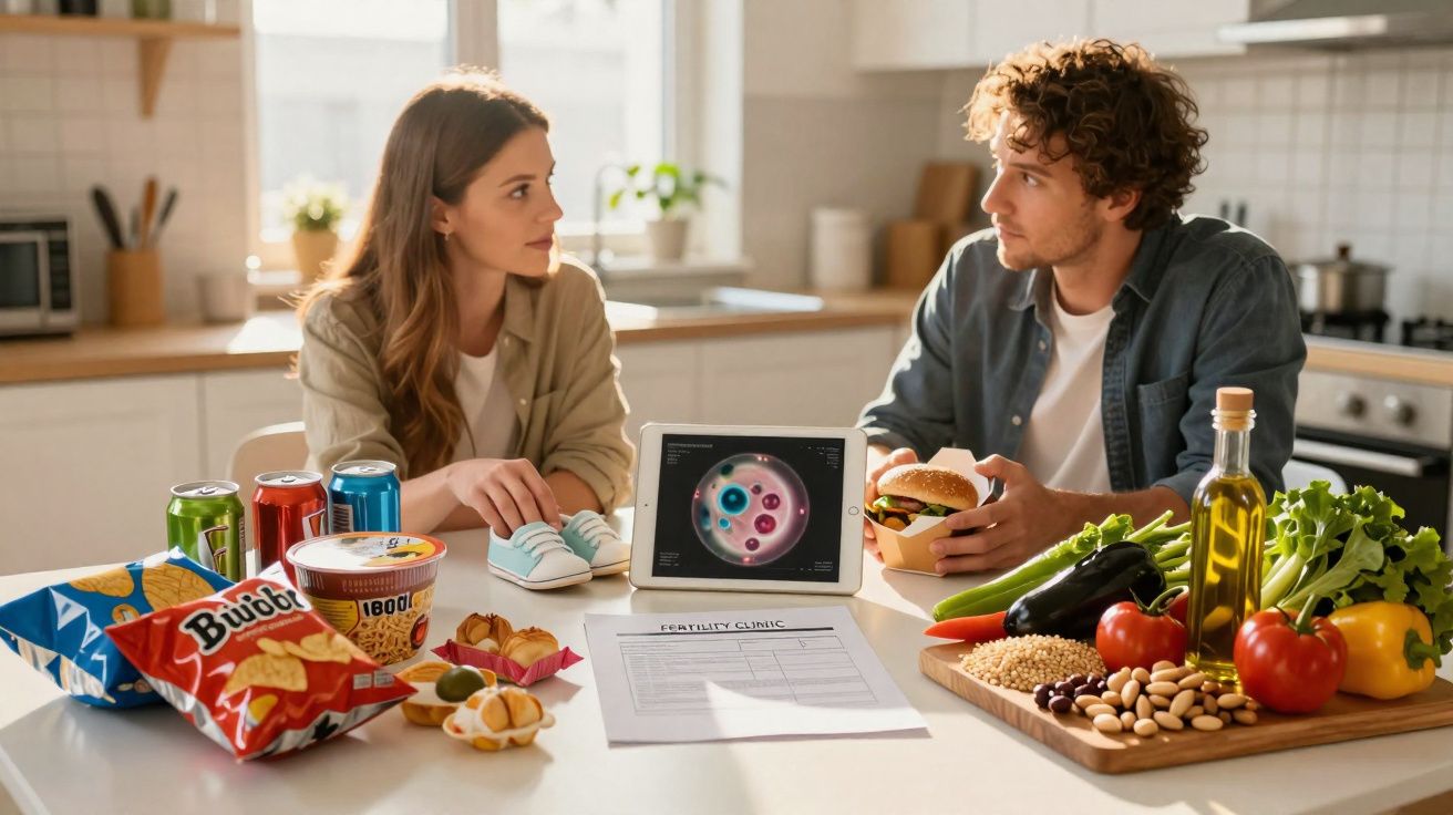Casal discute escolhas alimentares, com fast food e snacks de um lado e alimentos saudáveis do outro, numa cozinha.