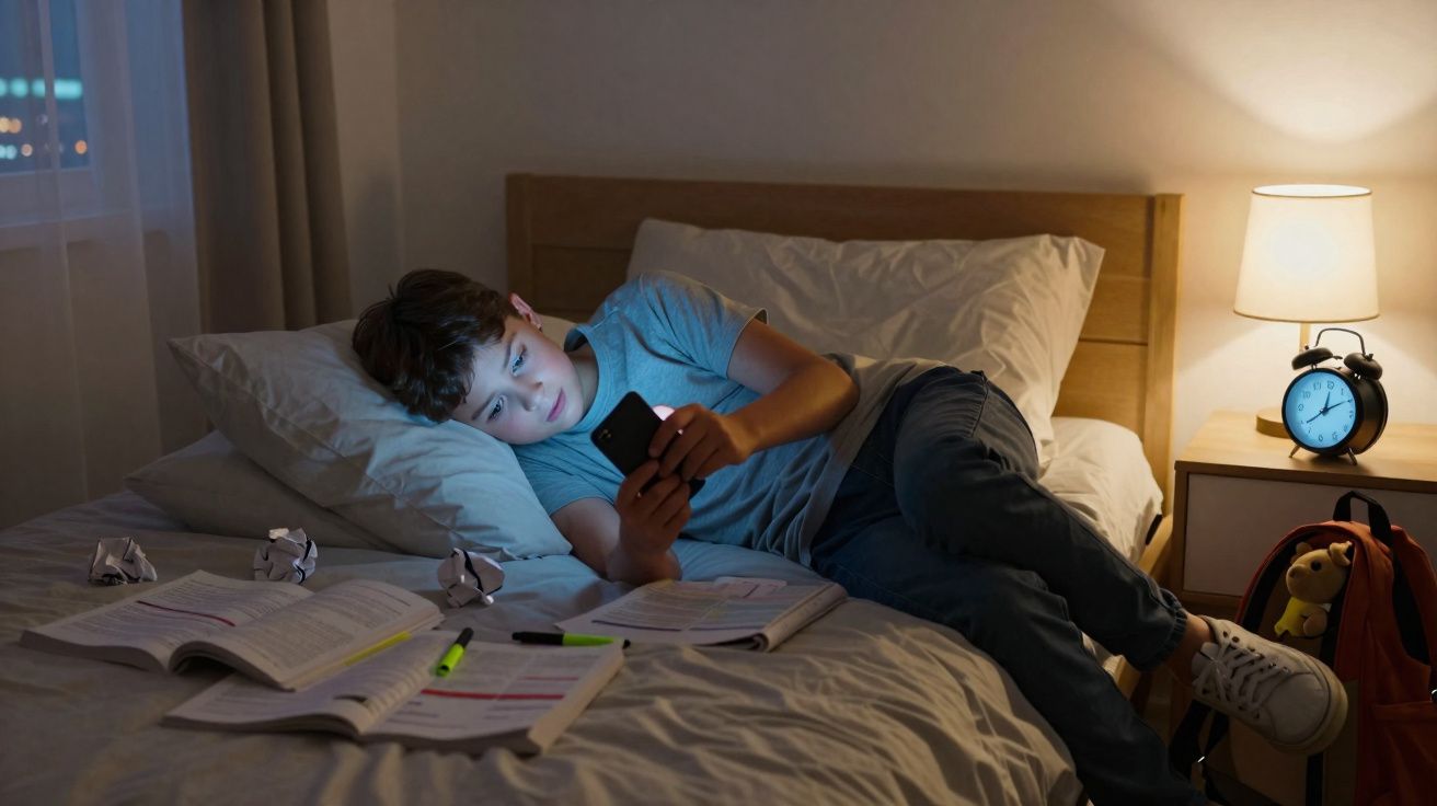 Rapaz deitado na cama a usar telemóvel, com livros abertos e notas espalhadas à sua volta, ambiente noturno.