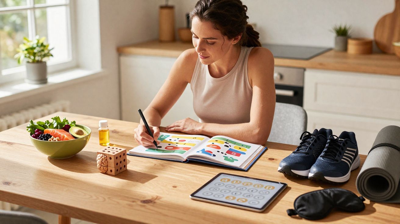 Mulher sentada a desenhar num livro de actividades, com comida saudável, ténis e tablet numa mesa.