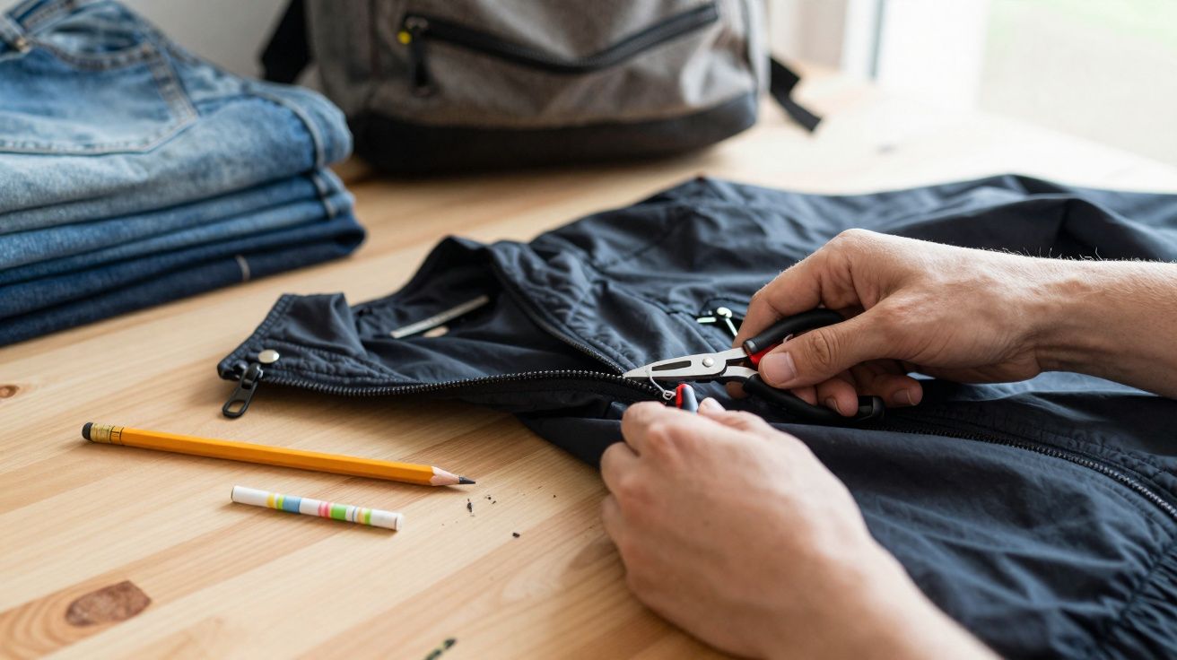 Mãos a reparar o fecho de uma jaqueta preta numa mesa de madeira com lápis e cola à vista.