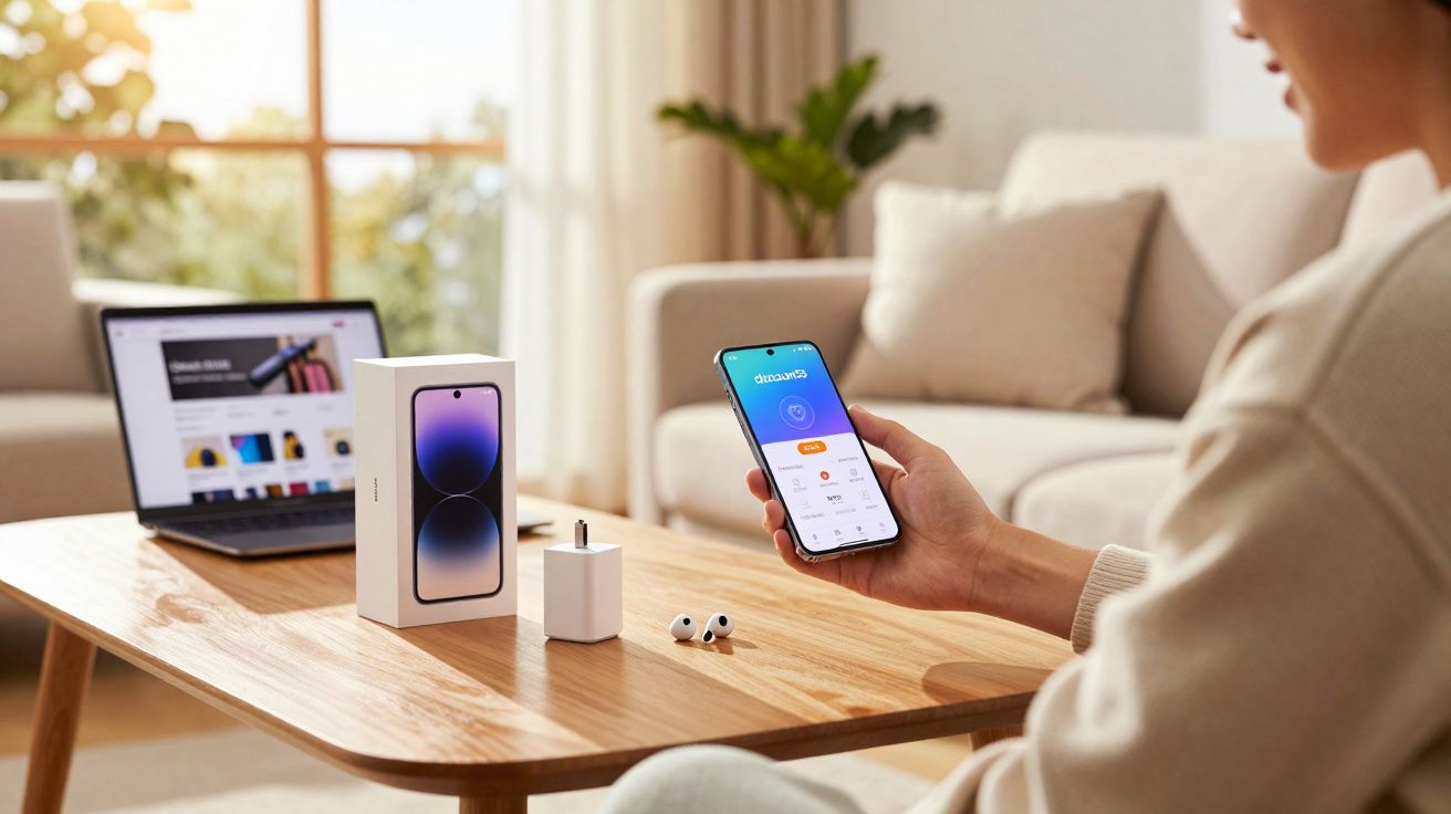 Pessoa a segurar um telemóvel com aplicação aberta, ao lado da caixa do telemóvel, carregador e auriculares numa mesa de made