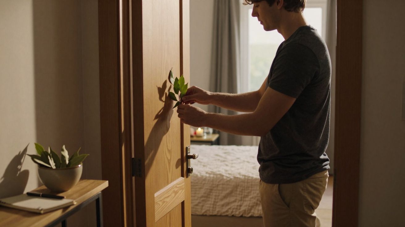 Homem a prender ramos verdes na maçaneta de uma porta de madeira num quarto iluminado pela luz natural.