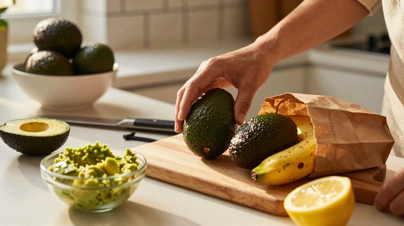 Mãos a manusear abacates numa tábua de cortar, com banana, limão e guacamole numa taça transparente.