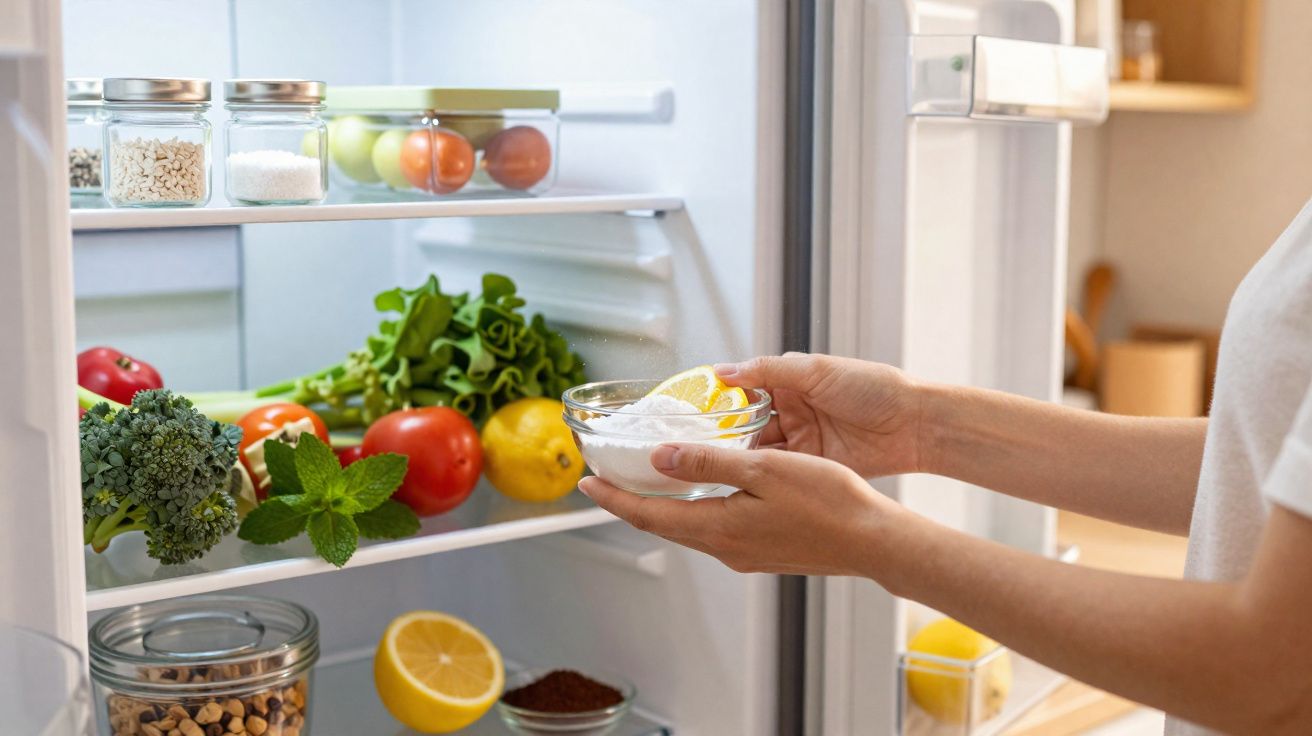 Mãos a colocar prato com limão e açúcar dentro de frigorífico com vegetais e frutos.