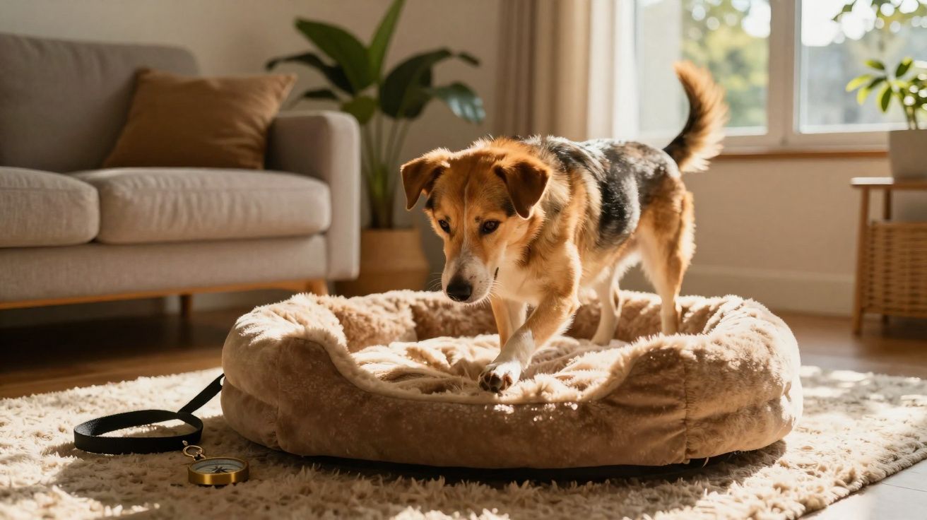 Cão castanho e preto com coleira a andar numa cama para cães num ambiente acolhedor junto ao sofá.