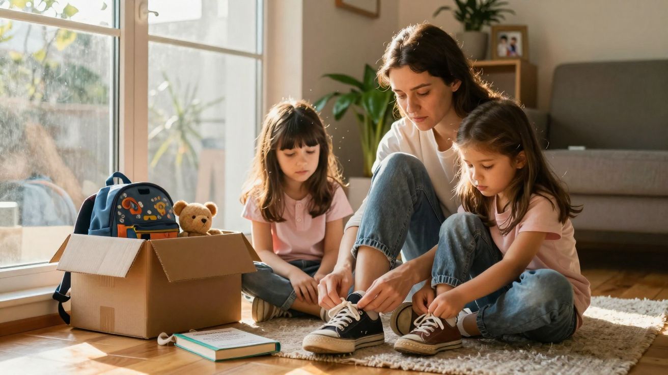 Mulher ajuda duas crianças a calçar sapatilhas numa sala iluminada com caixa e brinquedos ao lado.