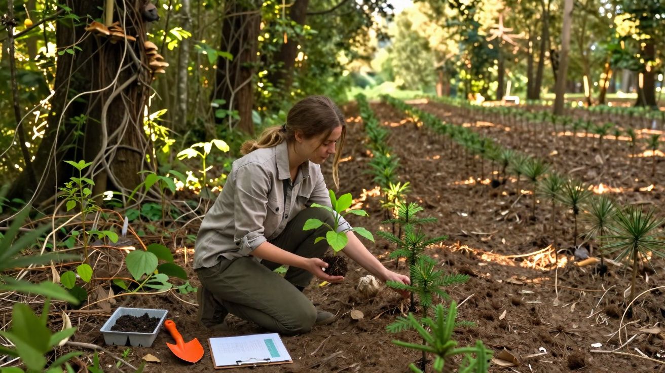 Mulher a plantar árvores jovens numa floresta, com um caderno e uma pá ao lado.