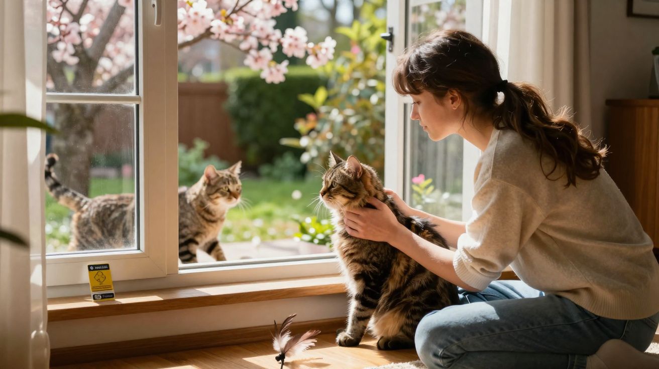 Mulher com casaco claro e jeans acaricia gato junto a janela onde outro gato está no exterior florido.
