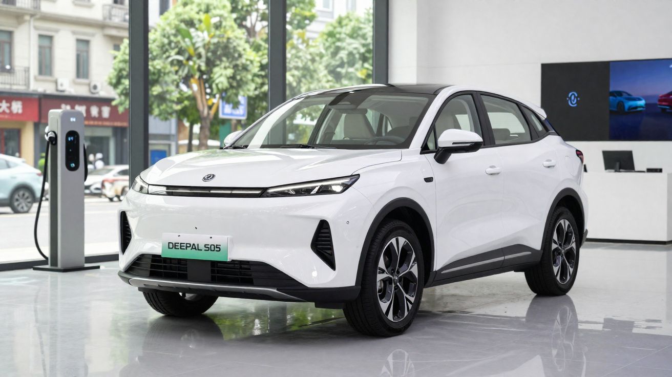 Carro elétrico branco Deepal S05 estacionado em showroom com estação de carregamento à esquerda.