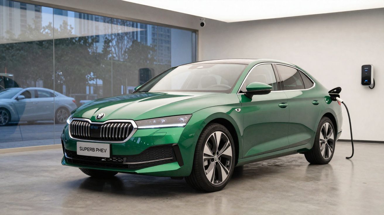 Carro verde Škoda Superb PHEV a carregar numa estação de carregamento elétrica interior.