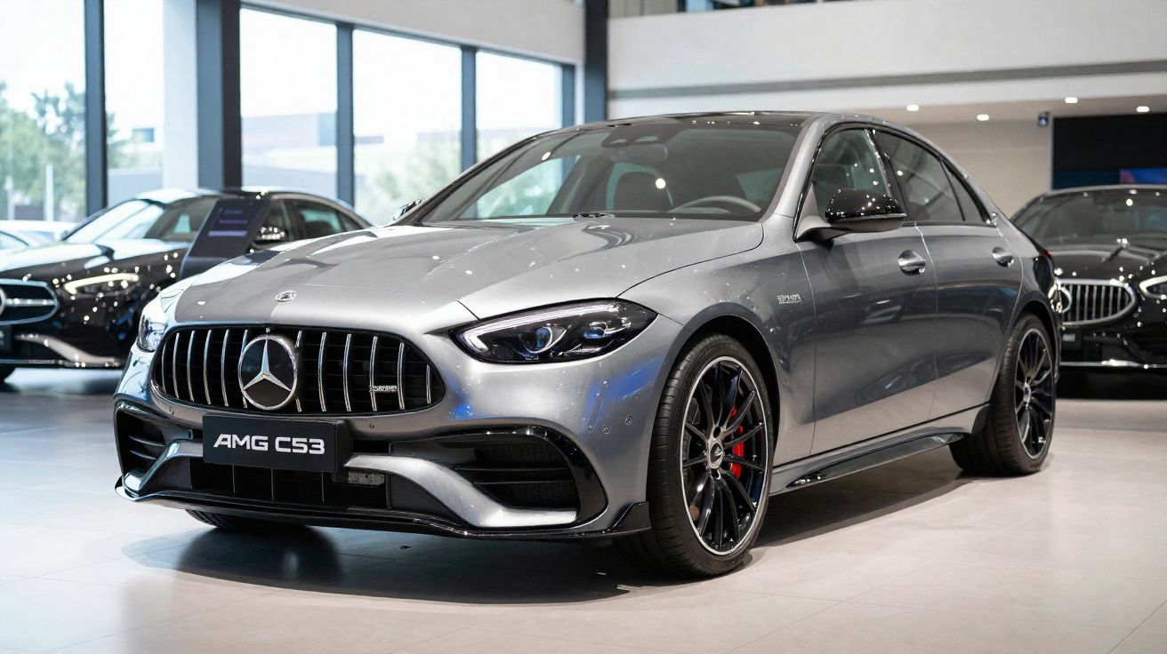 Mercedes-AMG C53 cinzento exposto numa loja moderna de carros de luxo com jantes pretas e detalhes vermelhos.