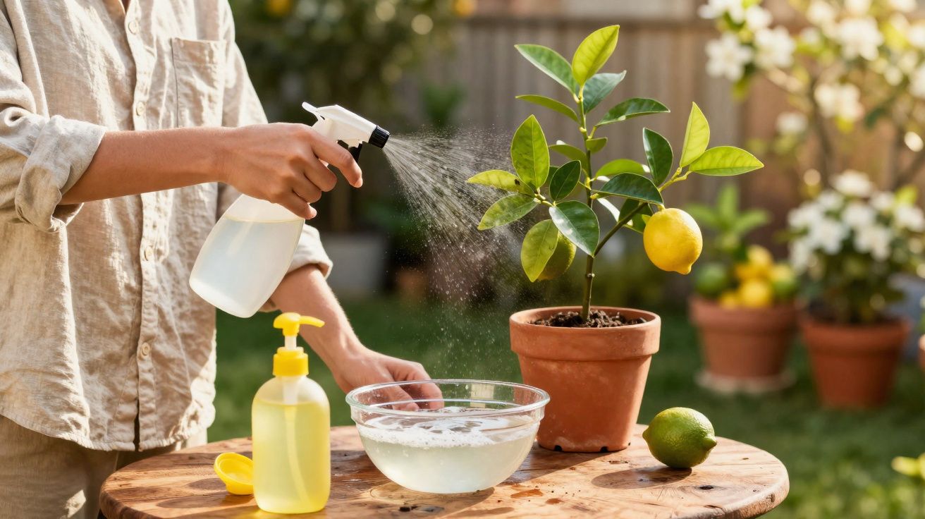 Pessoa a pulverizar planta de limão num vaso, com outros utensílios de jardinagem sobre mesa de madeira.