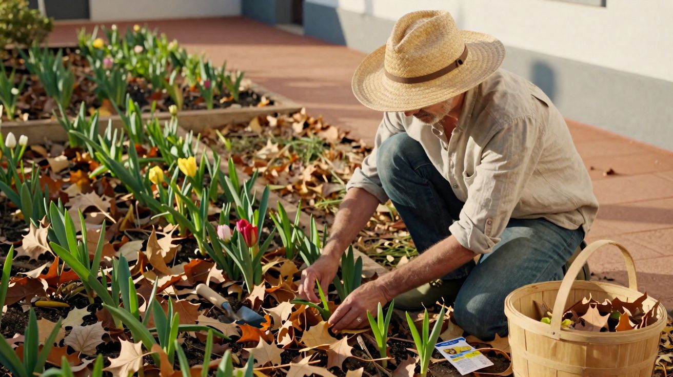 Homem com chapéu de palha remove folhas secas de plantas num jardim exterior durante o dia.