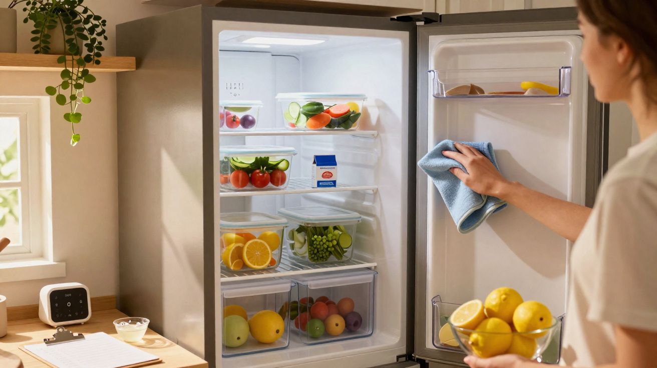 Pessoa a limpar o interior de um frigorífico aberto com um pano azul numa cozinha iluminada.