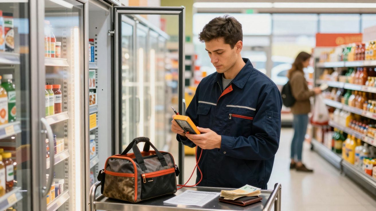 Técnico com equipamento a testar frigorífico numa área de supermercado com prateleiras de bebidas ao fundo.