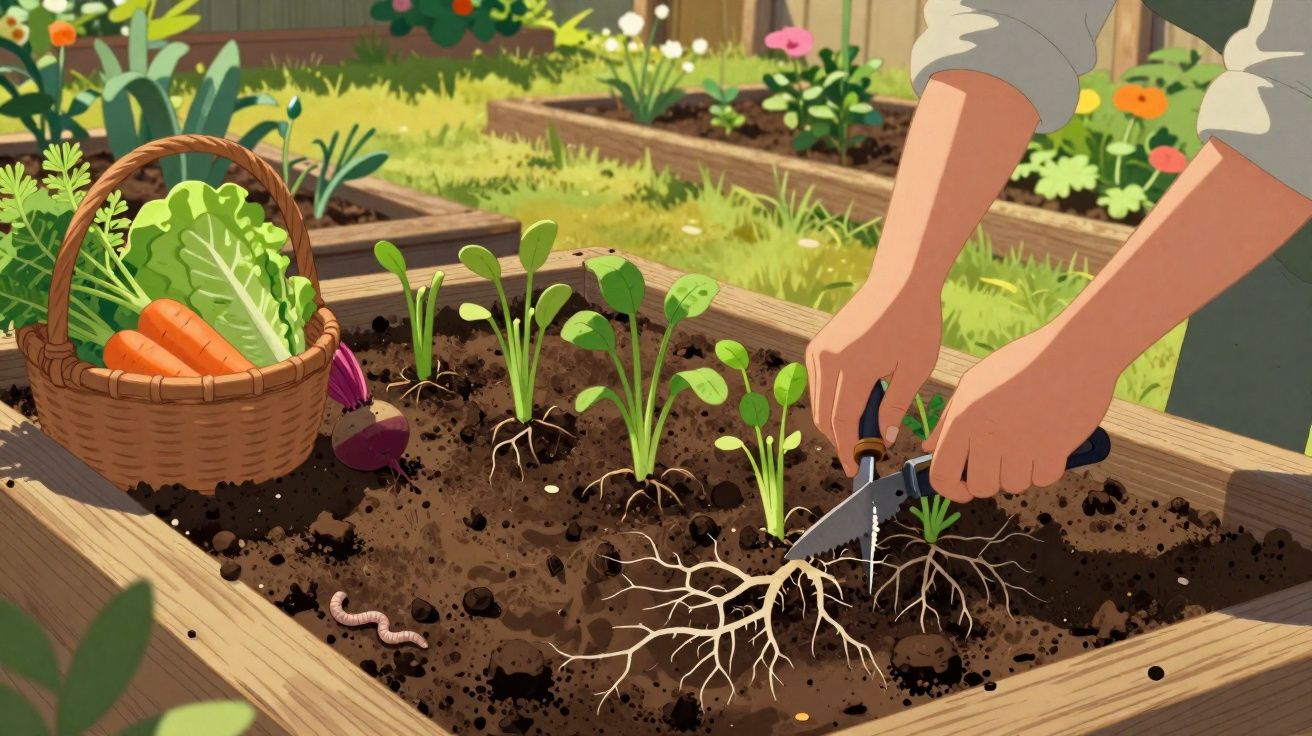 Pessoa a cuidar de plantas jovens numa horta com cesta de legumes frescos ao lado.