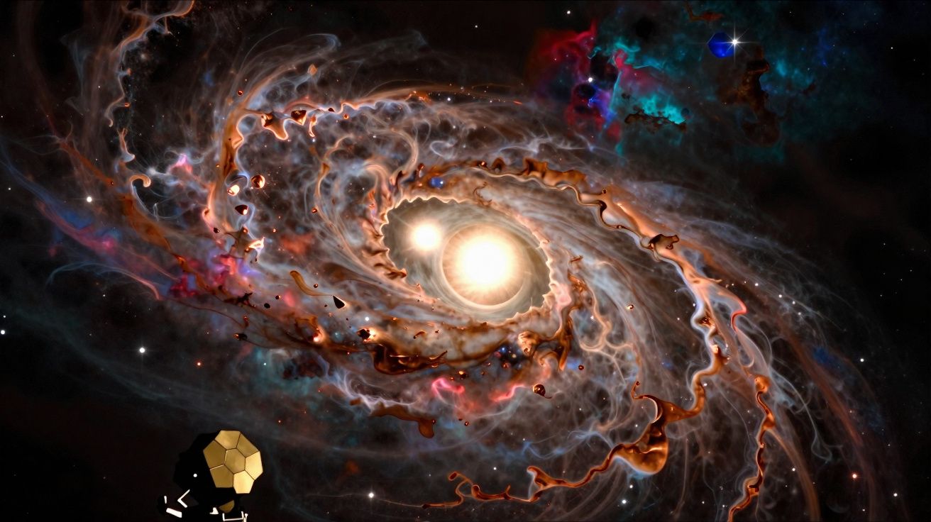 Imagem digital de uma galáxia espiral brilhante com um telescópio dourado na parte inferior esquerda.