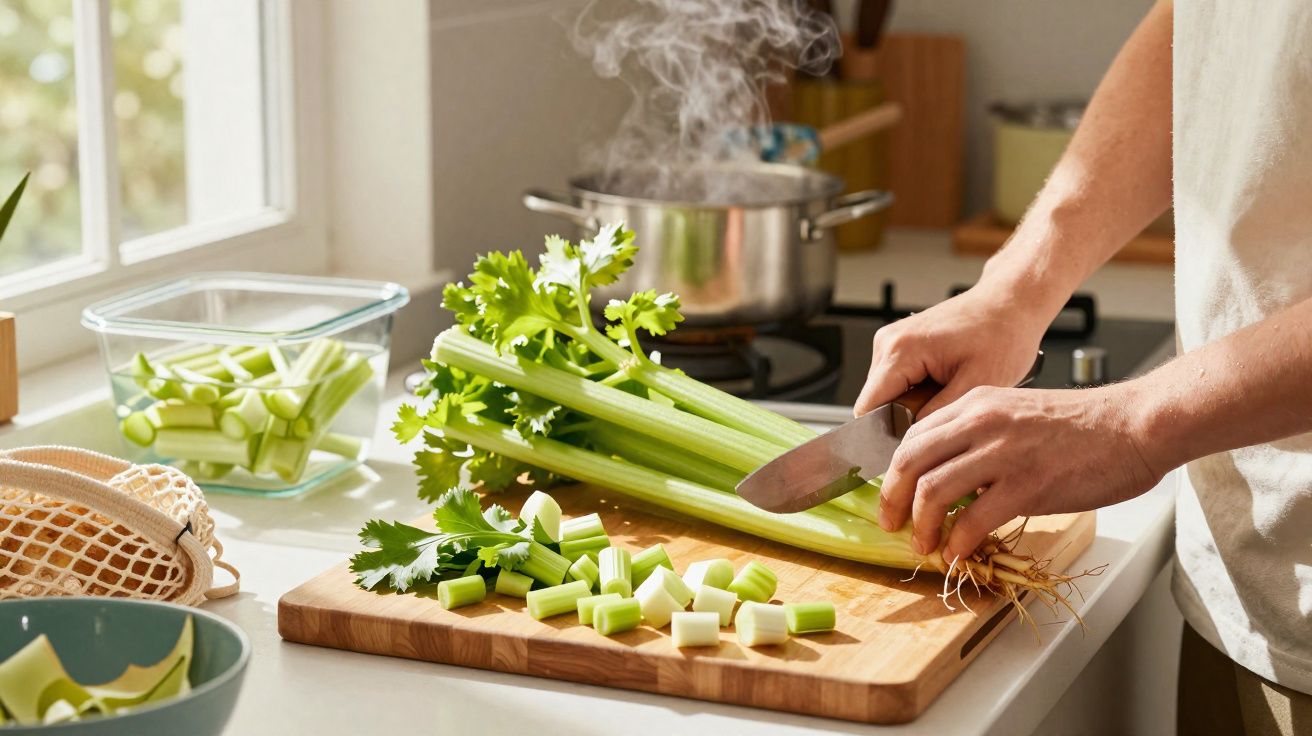 Pessoa a cortar aipo fresco num tábua de cortar numa cozinha iluminada e a vapor na panela ao fundo.