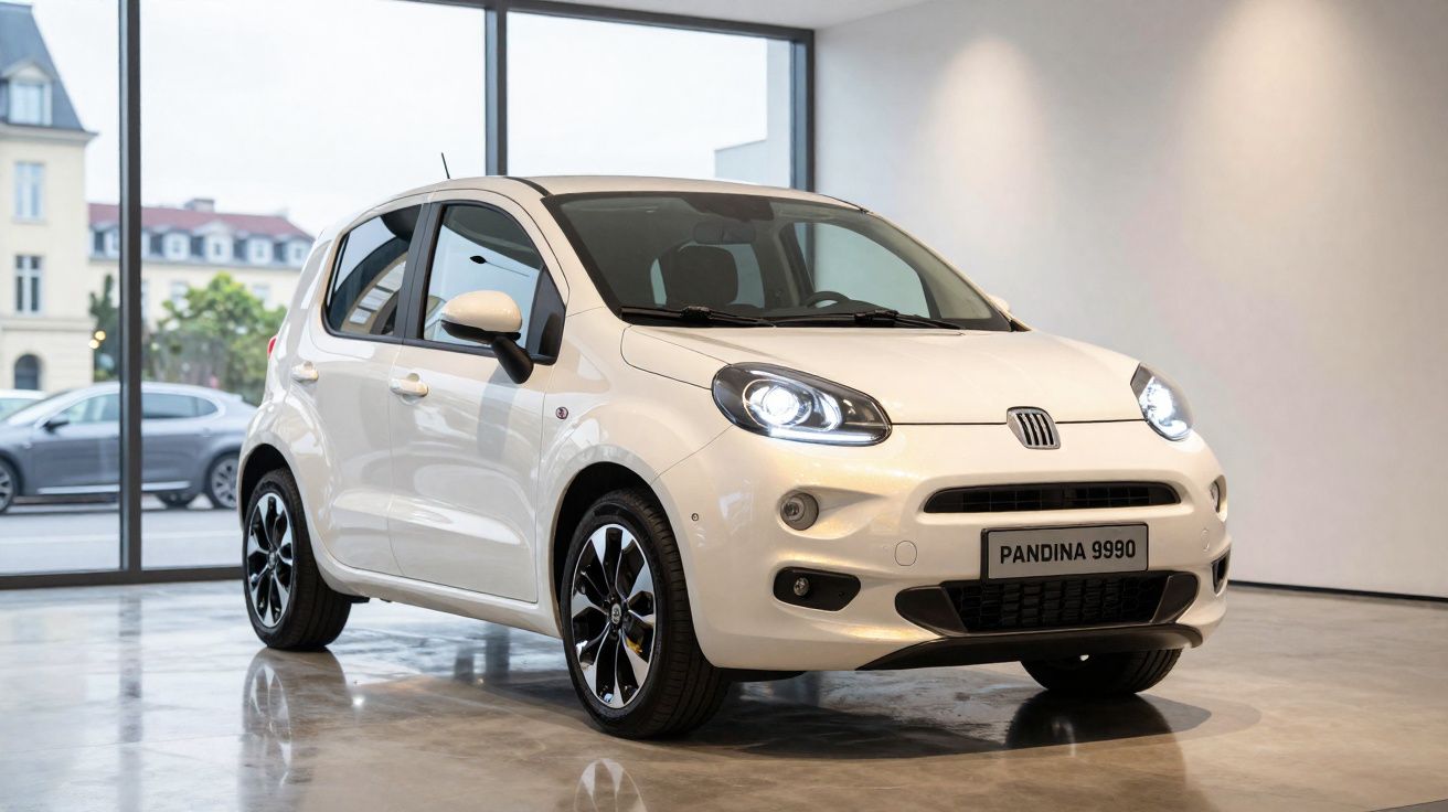 Carro branco moderno de cinco portas estacionado em ambiente interior com grandes janelas.