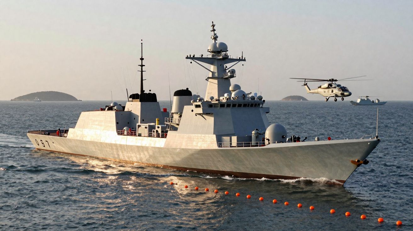 Fragata naval cinzenta no mar com helicóptero branco a voar ao lado e várias ilhas ao fundo.