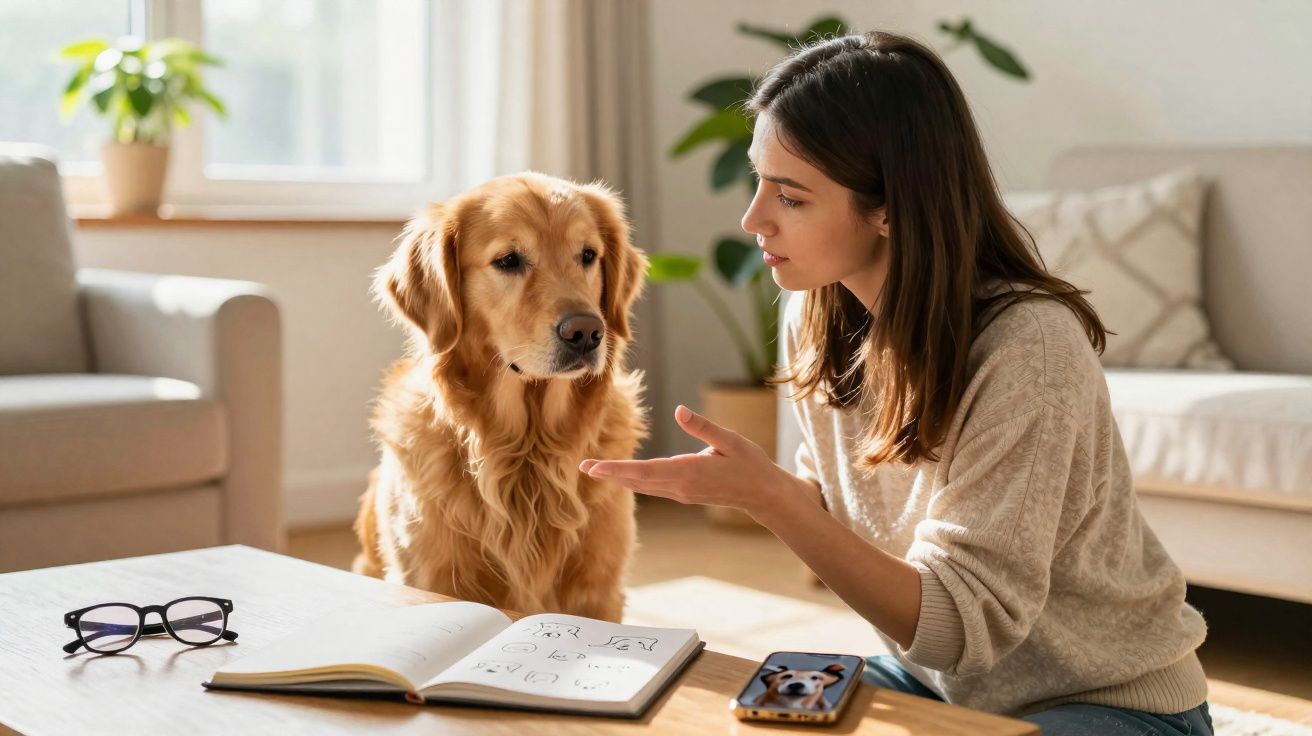 Mulher sentada no chão a ensinar truques a um cão golden retriever numa sala iluminada.