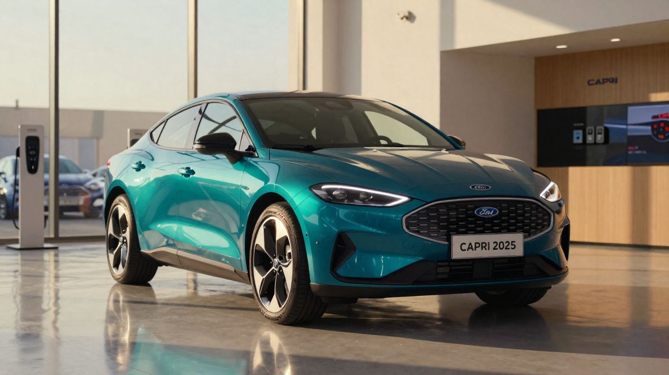 Carro elétrico azul Ford Capri 2025 estacionado numa exposição moderna com carregador elétrico ao lado.