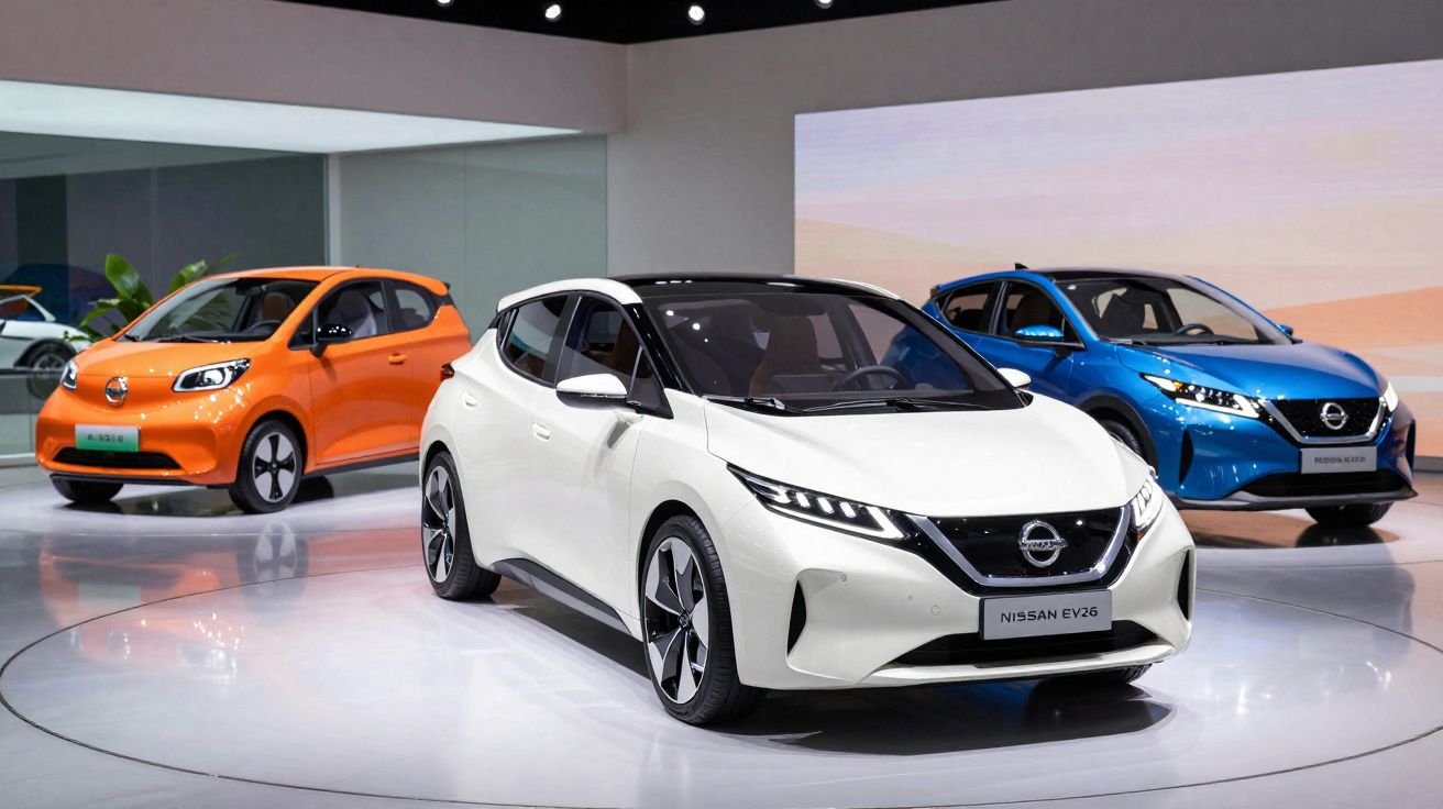 Três carros elétricos Nissan expostos: branco, azul e laranja, em sala de exposição moderna.