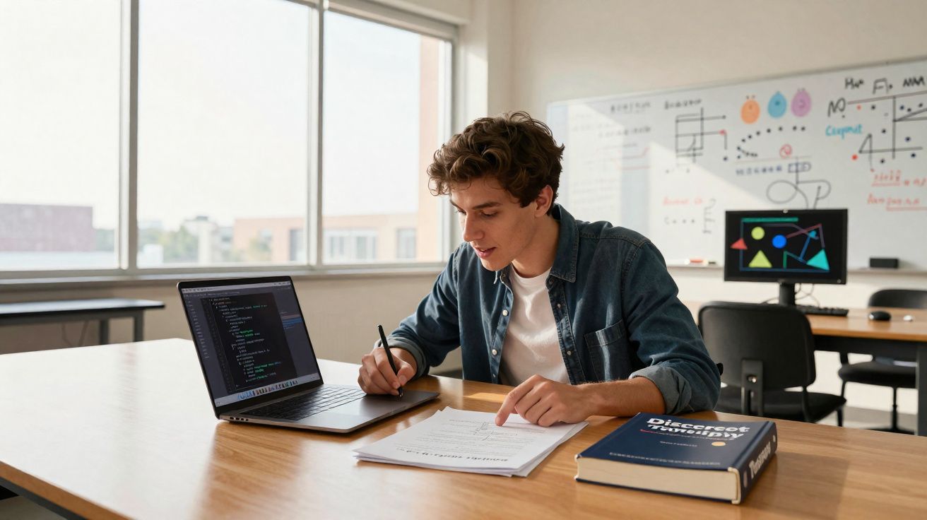 Jovem a estudar códigos num laptop e a fazer anotações, numa sala de aula com quadro e livros.