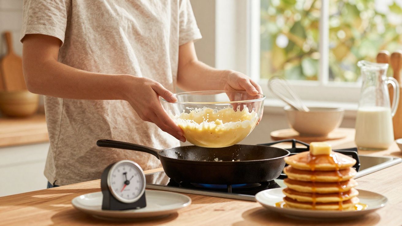 Pessoa a preparar massa para panquecas numa cozinha luminosa com pilha de panquecas e temporizador na bancada.