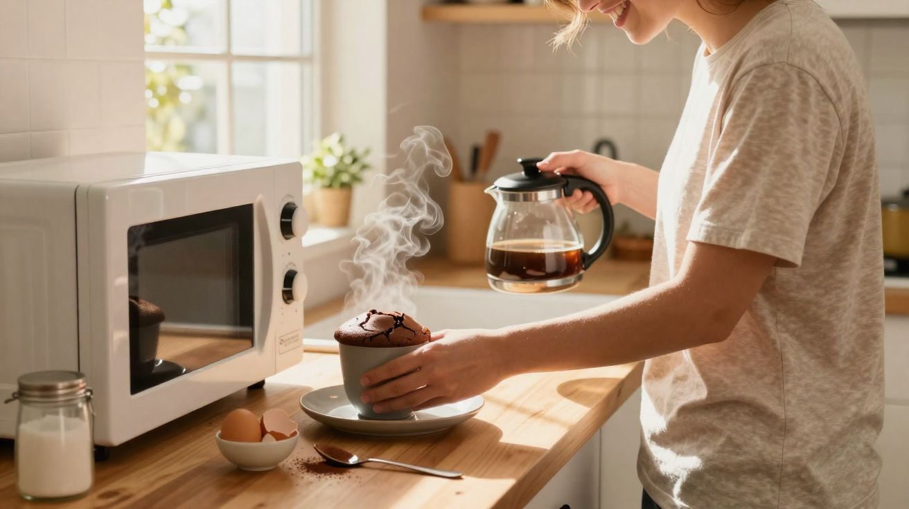 Pessoa a servir café quente numa caneca com muffin na cozinha iluminada pelo sol.