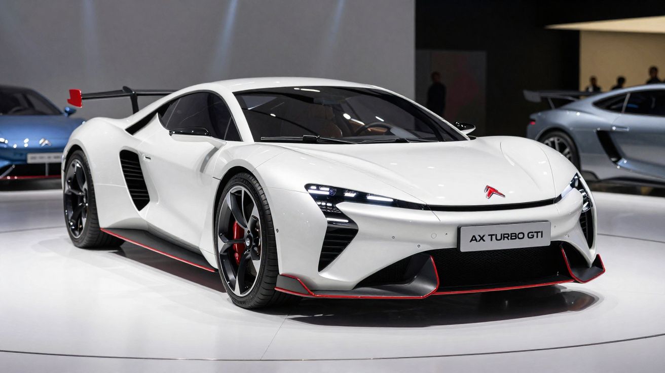 Carro desportivo branco AX Turbo GTI exibido numa feira automóvel com luzes LED e detalhes em vermelho.