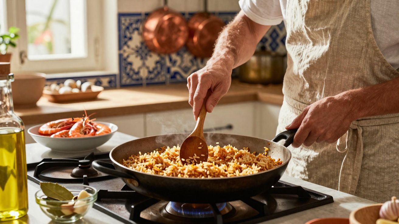 Pessoa a cozinhar arroz numa frigideira numa cozinha com azulejos e tacho de cobre ao fundo.