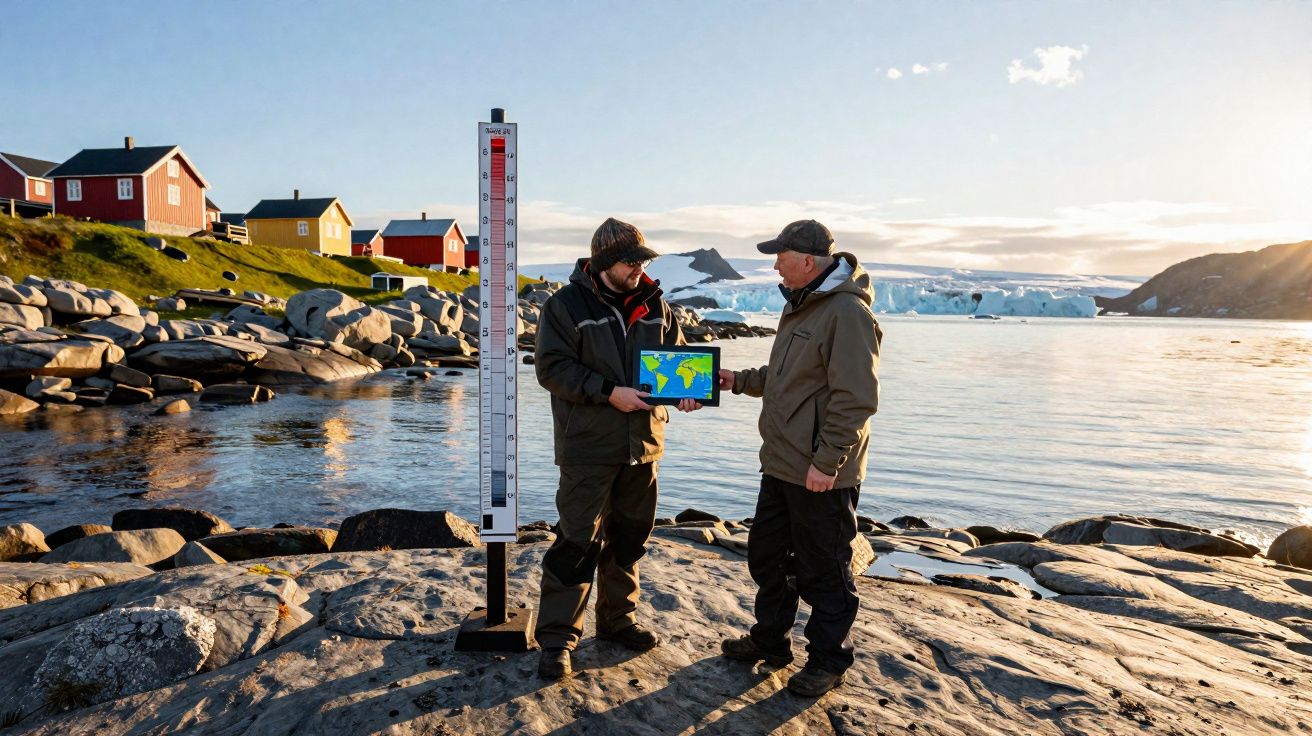 Dois homens em roupa de inverno analisam dados de mapas junto a um poste medidor num ambiente rochoso costeiro com gelo e cas