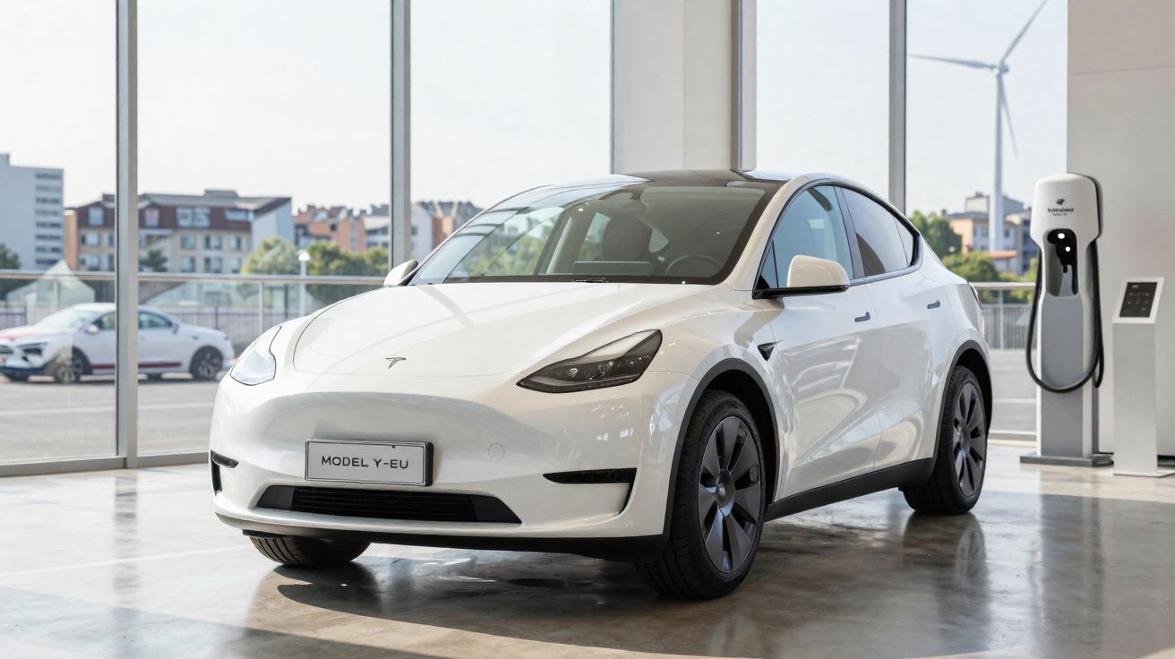 Carro elétrico Tesla Model Y branco estacionado em showroom com estação de carregamento visível ao lado.
