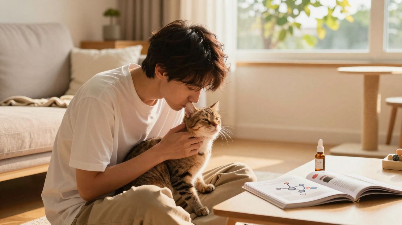 Pessoa a beijar gato sentado no colo numa sala iluminada com livros sobre mesa baixa.