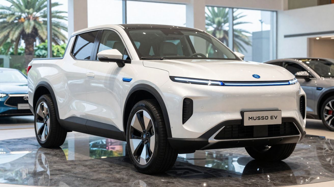 Picape elétrica branca Musso EV exposta numa sala de showroom moderna com chão refletor.