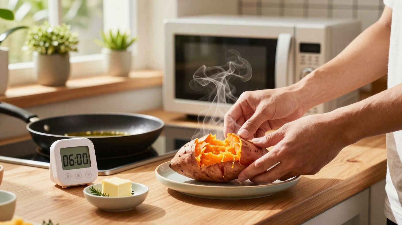 Pessoa a partir uma batata doce quente numa cozinha moderna com micro-ondas e temporizador digital.