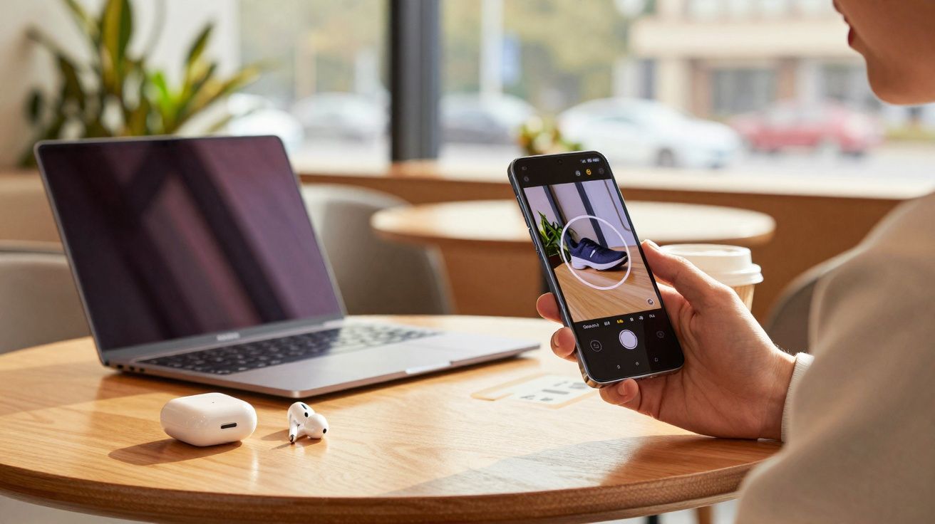Pessoa a fotografar um ténis preto com telemóvel à mesa com computador portátil e auriculares sem fios.
