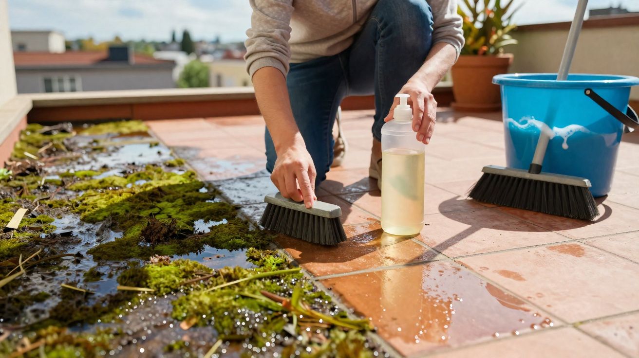 Pessoa a limpar musgo e sujidade num chão de tijoleira com escova e detergente num terraço.