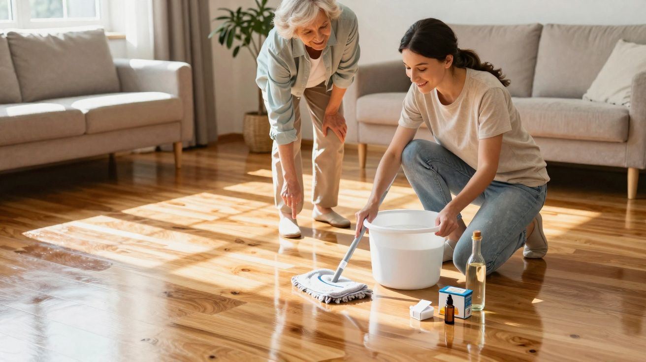 Jovem a limpar o chão com esfregona enquanto senhora idosa observa, numa sala com chão de madeira.