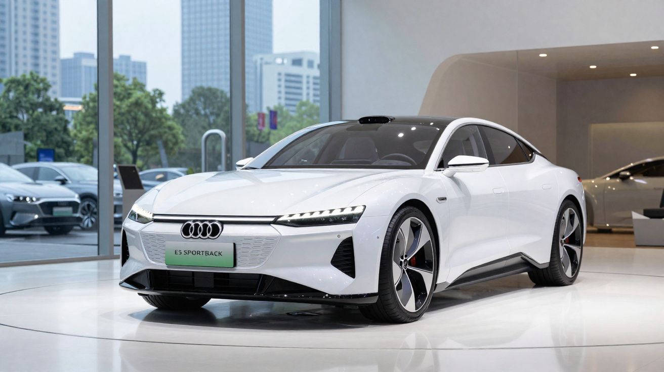 Carro elétrico branco Audi e-tron Sportback exposto numa sala de vendas moderna com janelas panorâmicas.